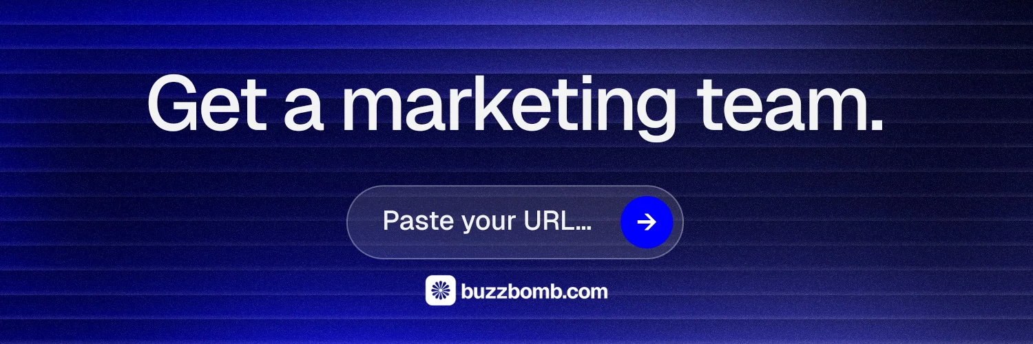 X header for BuzzBomb: "Get a marketing team." Agentic glass style, skeleton layout, dark palette in blue.