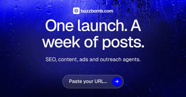 Social ad for BuzzBomb: "One launch. A week of posts." Agentic glass style, centred layout, dark palette in black, blue.