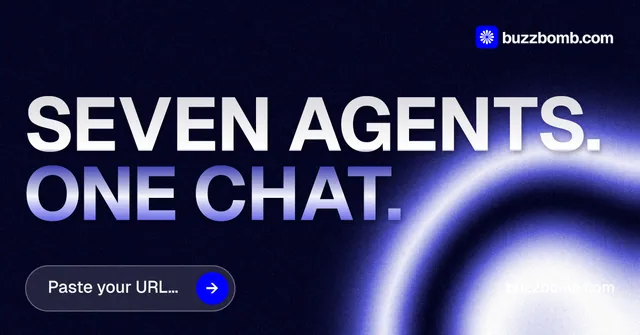 Social ad for BuzzBomb: "Seven agents. One chat." Agentic glass style, poster layout, dark palette in black, blue.