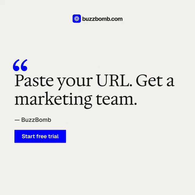 Instagram post for BuzzBomb: "One launch. A week of posts." Swiss style, quote layout, light palette in white, blue.