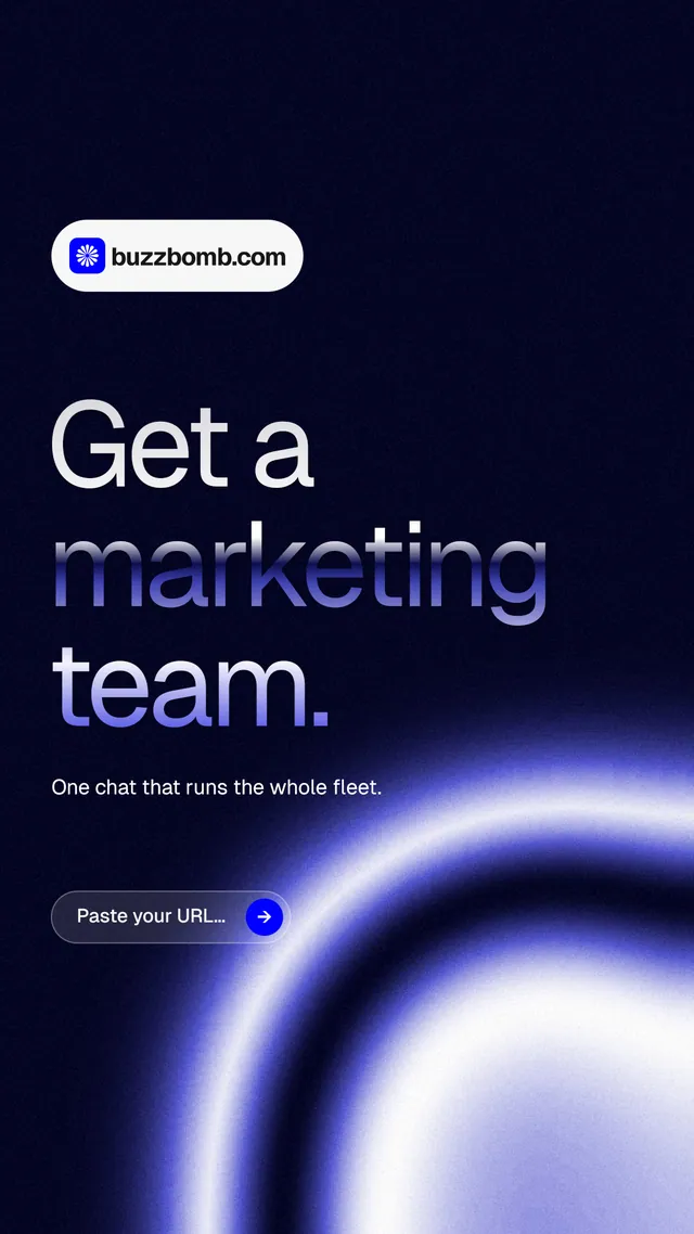 Instagram story for BuzzBomb: "Get a marketing team." Agentic glass style, announce layout, dark palette in black, blue.