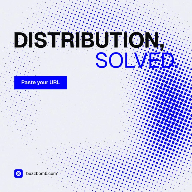 Instagram post for BuzzBomb: "Distribution, solved." Split block style, stacked layout, light palette in blue, white.