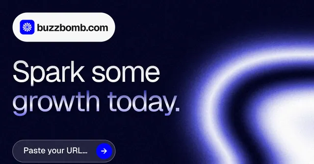Social ad for BuzzBomb: "Spark some growth today." Agentic glass style, announce layout, dark palette in black, blue.