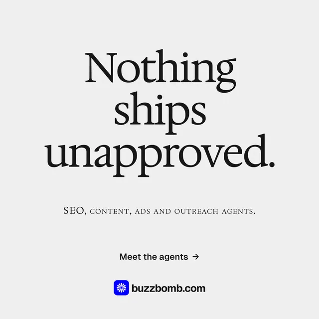 Instagram post for BuzzBomb: "Nothing ships unapproved." Swiss style, smallcaps layout, light palette in white, grey.