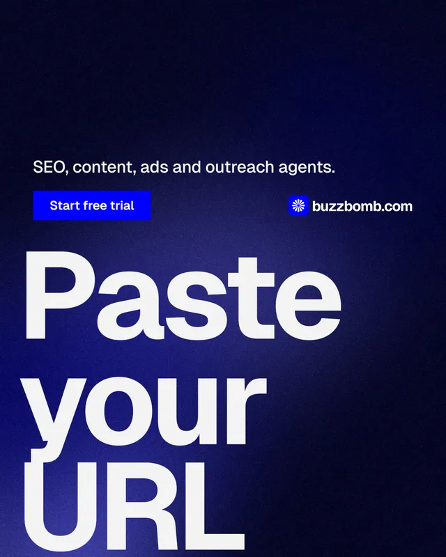 Instagram portrait post for BuzzBomb: "One launch. A week of posts." Swiss style, oversized layout, dark palette in black, blue, white.