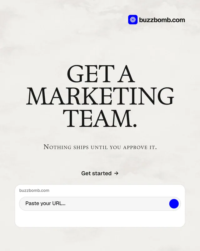 Instagram portrait post for BuzzBomb: "Get a marketing team." Swiss style, smallcaps layout, light palette in white, grey.