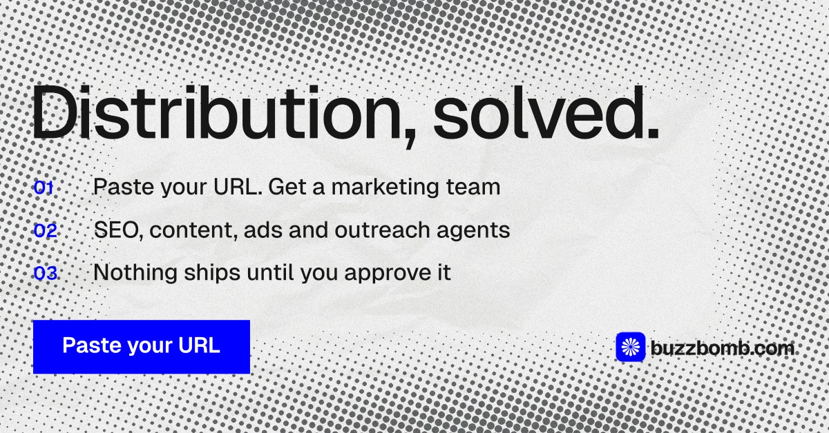 Social ad for BuzzBomb: "Distribution, solved." Swiss style, numbered layout, light palette in white, grey.