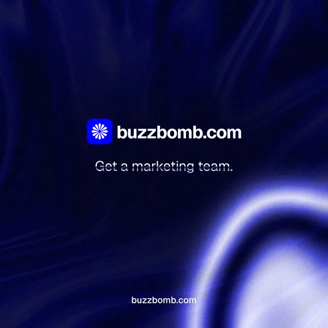 Instagram post for BuzzBomb: "Get a marketing team." Agentic glass style, end card layout, dark palette in blue, black.