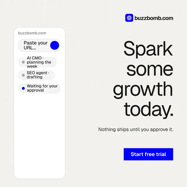 Instagram post for BuzzBomb: "Spark some growth today." Swiss style, right layout, light palette in white, grey.