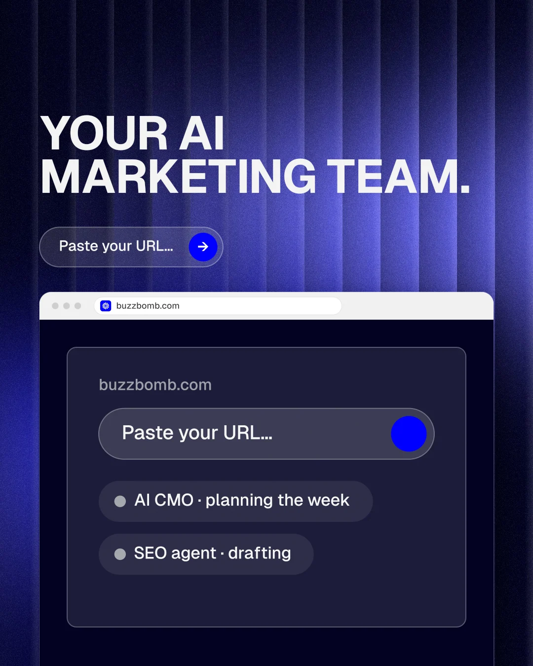 Instagram portrait post for BuzzBomb: "Your AI marketing team." Agentic glass style, browser layout, dark palette in blue, black.