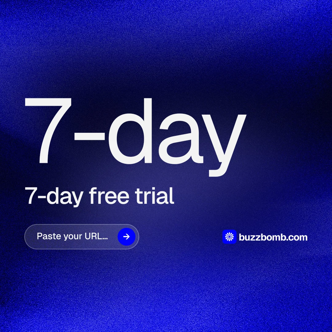 Instagram post for BuzzBomb: "Paste your URL." Agentic glass style, stat layout, dark palette in blue.