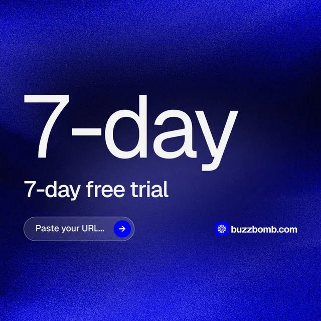 Instagram post for BuzzBomb: "Paste your URL." Agentic glass style, stat layout, dark palette in blue.