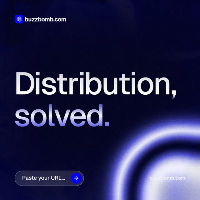 Instagram post for BuzzBomb: "Distribution, solved." Agentic glass style, poster layout, dark palette in black, blue.