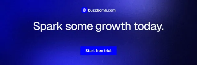 X header for BuzzBomb: "Spark some growth today." Swiss style, centred layout, dark palette in blue.