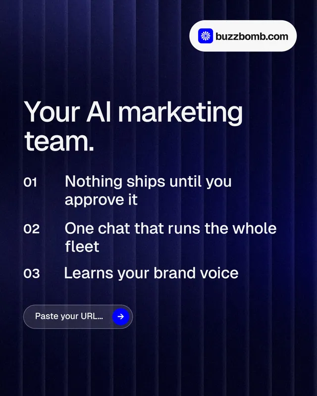 Instagram portrait post for BuzzBomb: "Your AI marketing team." Agentic glass style, numbered layout, dark palette in black, blue, grey.