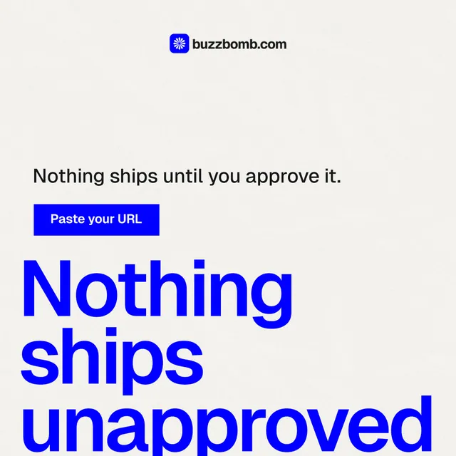 Instagram post for BuzzBomb: "Your AI marketing team." Swiss style, oversized layout, light palette in white, blue.