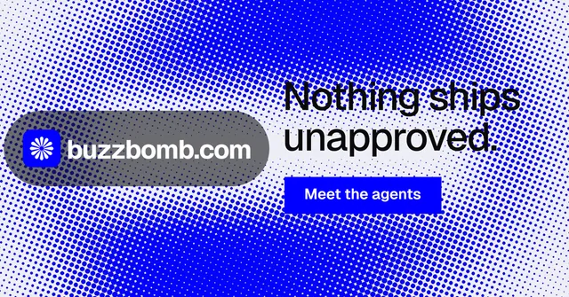 Social ad for BuzzBomb: "Nothing ships unapproved." Split block style, logo hero layout, light palette in blue.