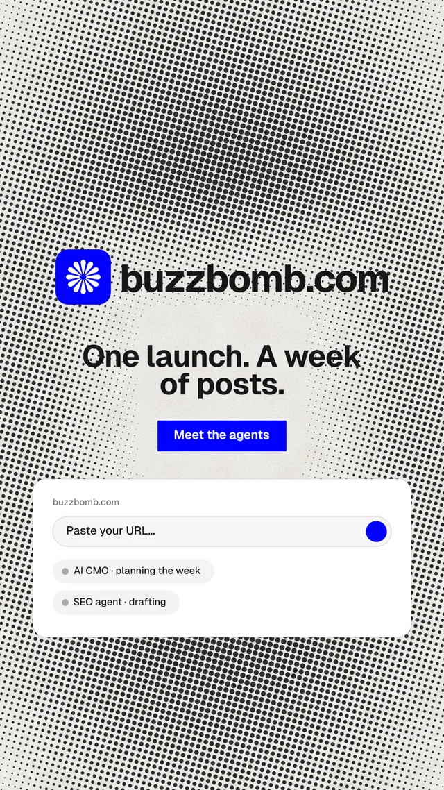 Instagram story for BuzzBomb: "One launch. A week of posts." Swiss style, logo hero layout, light palette in grey, white.