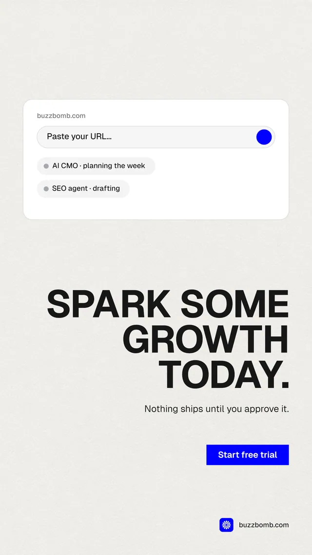 Instagram story for BuzzBomb: "Spark some growth today." Swiss style, right layout, light palette in white, grey.