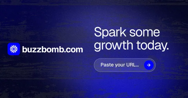 Social ad for BuzzBomb: "Spark some growth today." Agentic glass style, logo hero layout, dark palette in black, blue.