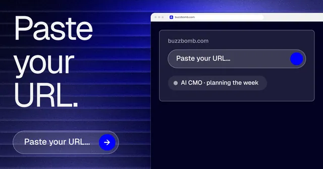 Social ad for BuzzBomb: "Paste your URL." Agentic glass style, browser layout, dark palette in black, blue, grey.