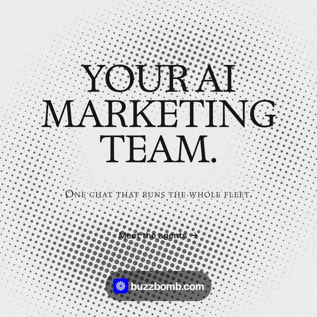 Instagram post for BuzzBomb: "Your AI marketing team." Swiss style, smallcaps layout, light palette in white, grey.