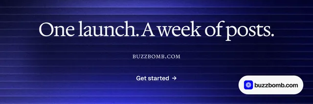 X header for BuzzBomb: "One launch. A week of posts." Agentic glass style, smallcaps layout, dark palette in blue, black, grey.