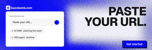 X header for BuzzBomb: "Paste your URL." Brutalist style, right layout, light palette in blue, white.