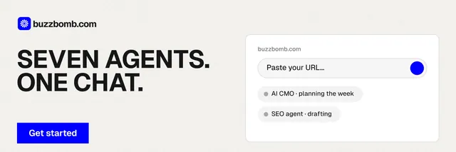 X header for BuzzBomb: "Seven agents. One chat." Swiss style, bottom layout, light palette in white, grey.