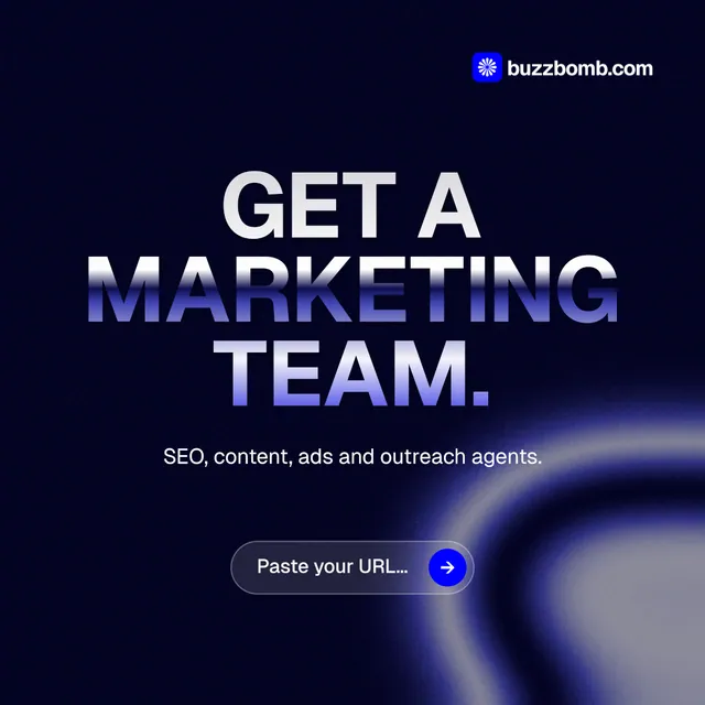 Instagram post for BuzzBomb: "Get a marketing team." Agentic glass style, centred layout, dark palette in black, blue.