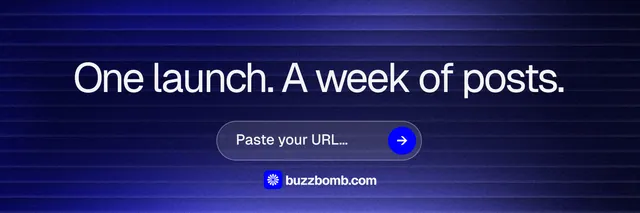 X header for BuzzBomb: "One launch. A week of posts." Agentic glass style, skeleton layout, dark palette in black, blue.