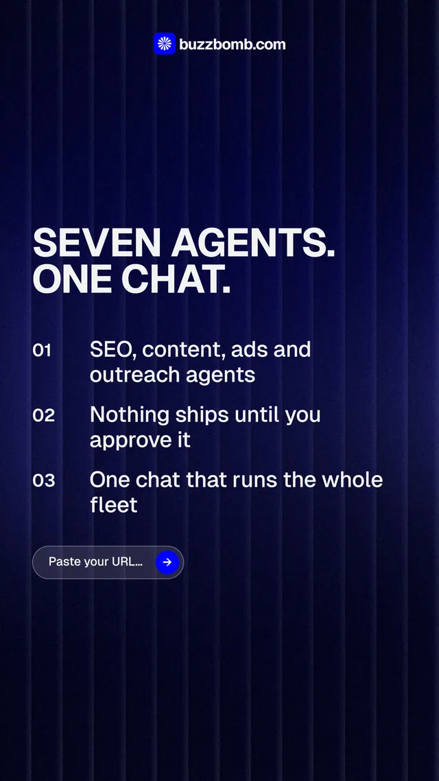 Instagram story for BuzzBomb: "Seven agents. One chat." Agentic glass style, numbered layout, dark palette in black, blue, grey.