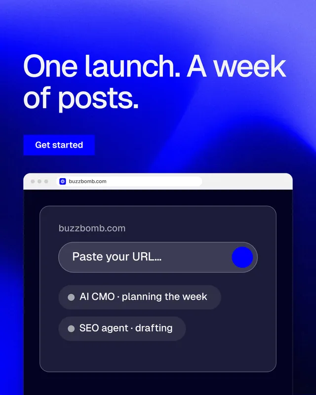 Instagram portrait post for BuzzBomb: "One launch. A week of posts." Swiss style, browser layout, dark palette in black, blue.