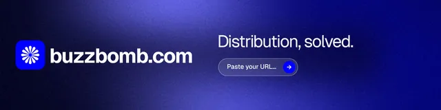 LinkedIn banner for BuzzBomb: "Distribution, solved." Agentic glass style, logo hero layout, dark palette in blue.