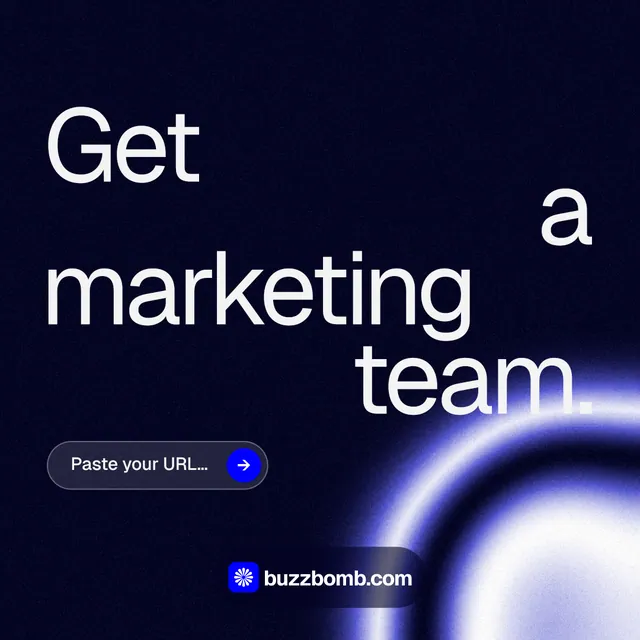Instagram post for BuzzBomb: "Get a marketing team." Agentic glass style, stacked layout, dark palette in black, grey.