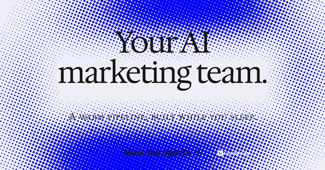 Social ad for BuzzBomb: "Your AI marketing team." Swiss style, smallcaps layout, light palette in blue, white.