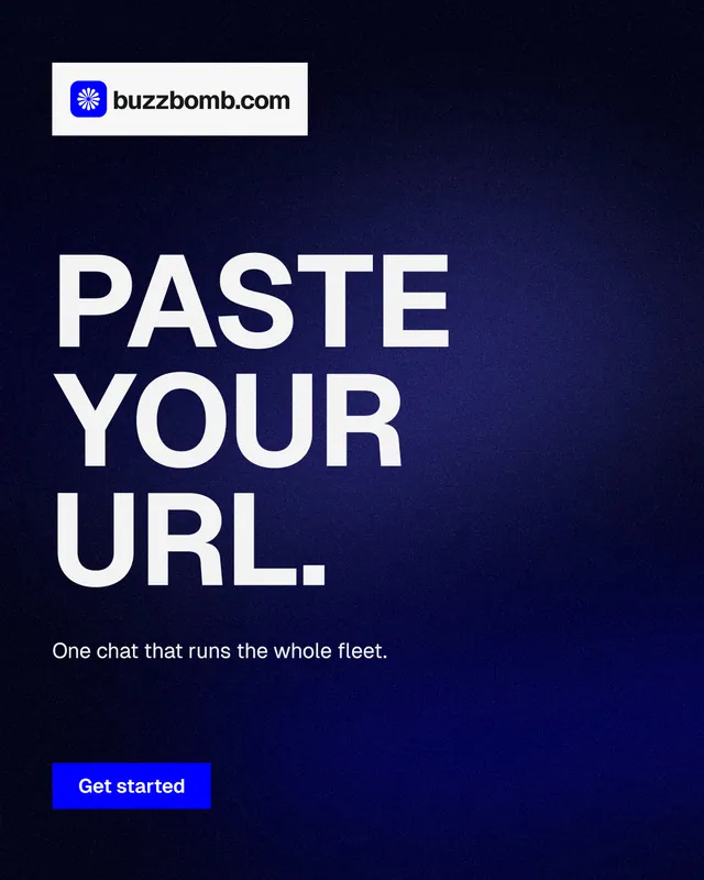 Instagram portrait post for BuzzBomb: "Paste your URL." Swiss style, announce layout, dark palette in black, blue, grey.