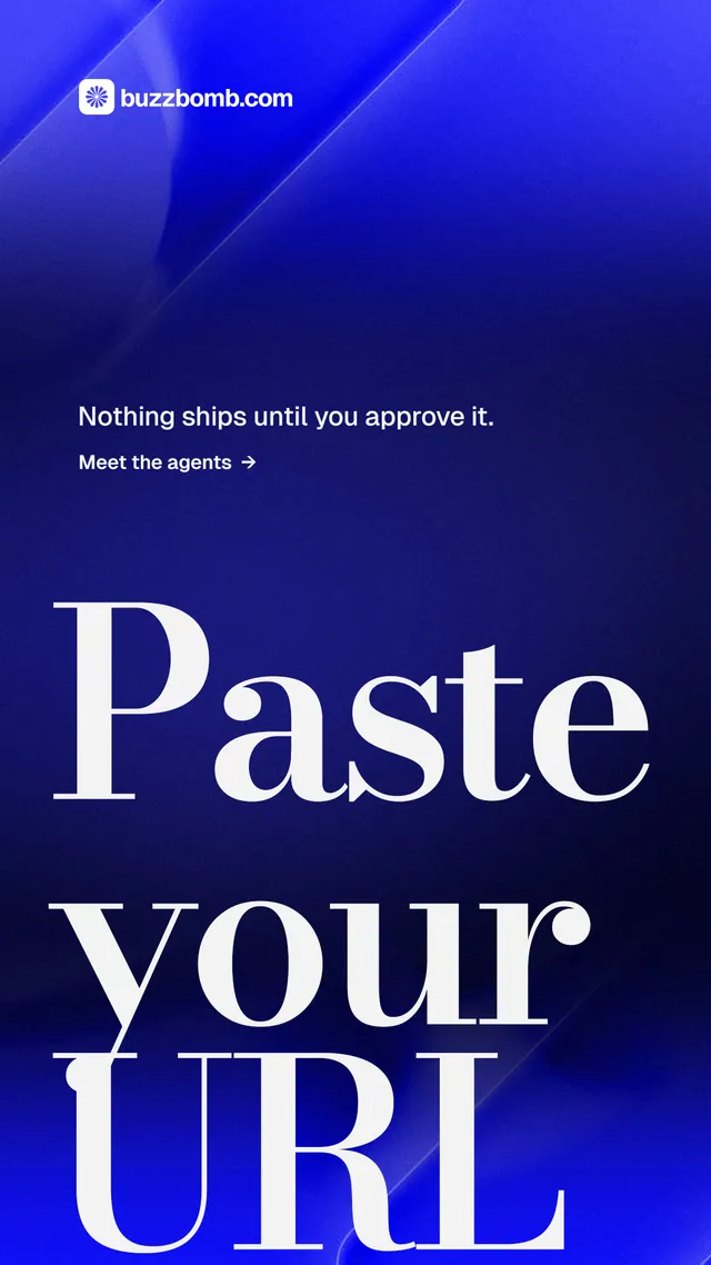 Instagram story for BuzzBomb: "Paste your URL." Minimal luxury style, oversized layout, dark palette in blue.