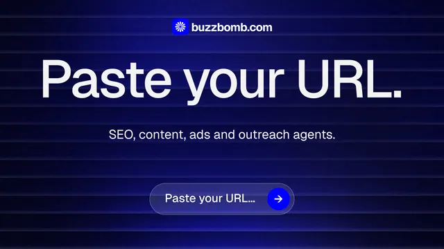 Landscape graphic for BuzzBomb: "Paste your URL." Agentic glass style, centred layout, dark palette in blue, black.