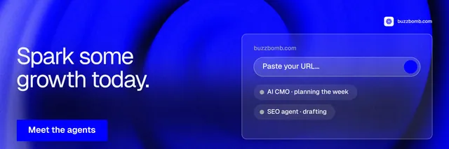 X header for BuzzBomb: "Spark some growth today." Swiss style, bottom layout, dark palette in blue.