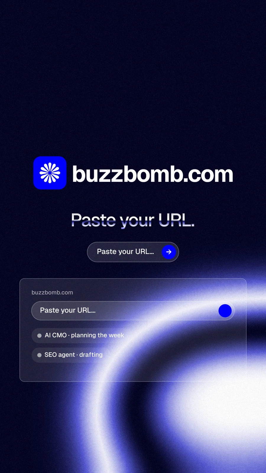 Instagram story for BuzzBomb: "Paste your URL." Agentic glass style, logo hero layout, dark palette in black, blue.