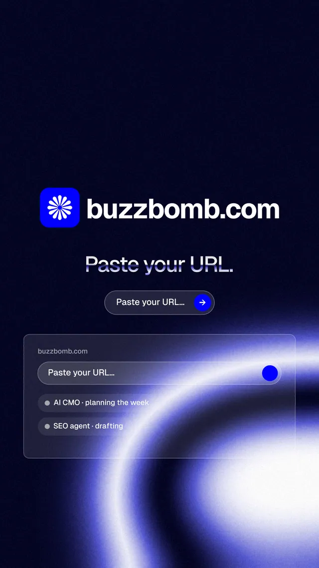 Instagram story for BuzzBomb: "Paste your URL." Agentic glass style, logo hero layout, dark palette in black, blue.