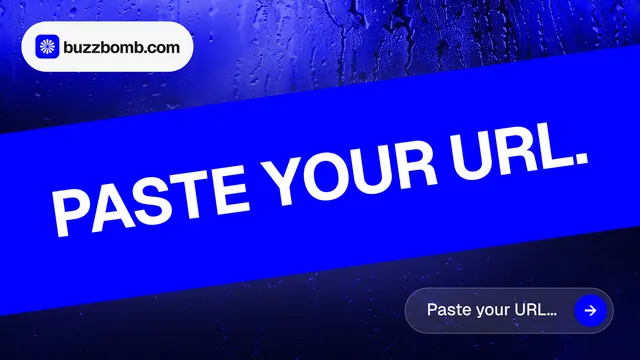 Landscape graphic for BuzzBomb: "Paste your URL." Agentic glass style, diagonal layout, dark palette in blue.