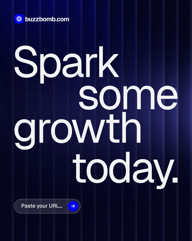 Instagram portrait post for BuzzBomb: "Spark some growth today." Agentic glass style, stacked layout, dark palette in black, blue, grey.