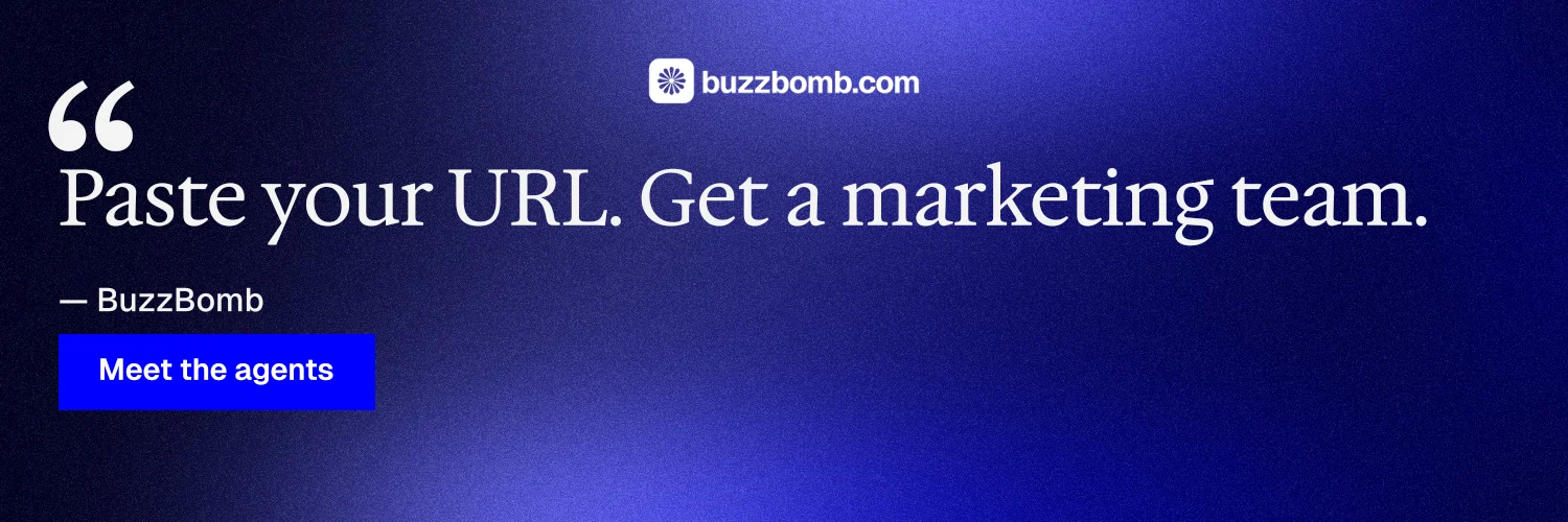 X header for BuzzBomb: "Nothing ships unapproved." Swiss style, quote layout, dark palette in blue.