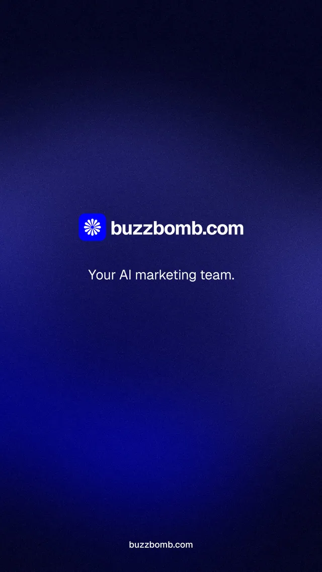 Instagram story for BuzzBomb: "Your AI marketing team." Swiss style, end card layout, dark palette in black, blue.