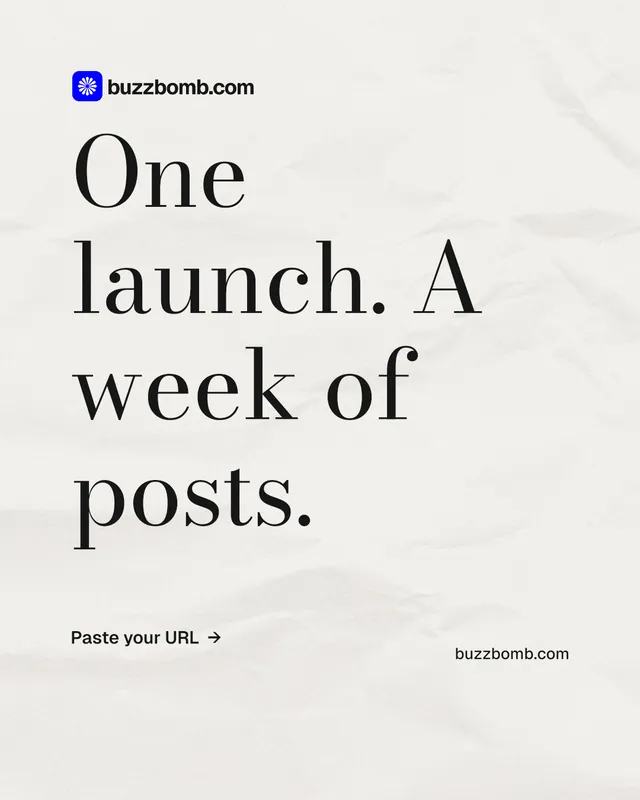 Instagram portrait post for BuzzBomb: "One launch. A week of posts." Minimal luxury style, poster layout, light palette in white, grey.