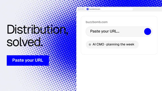 Landscape graphic for BuzzBomb: "Distribution, solved." Swiss style, browser layout, light palette in white, blue.