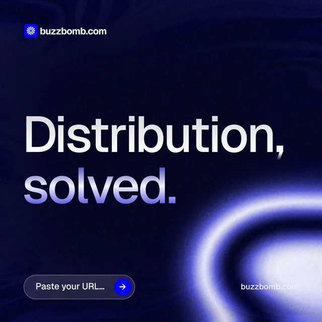 Instagram post for BuzzBomb: "Distribution, solved." Agentic glass style, poster layout, dark palette in black, blue.