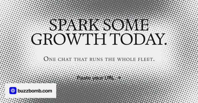 Social ad for BuzzBomb: "Spark some growth today." Brutalist style, smallcaps layout, light palette in grey, white.